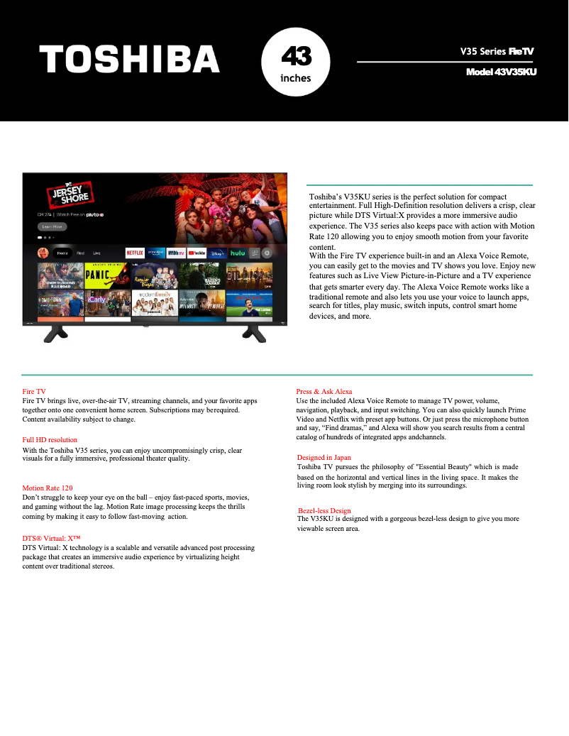 Page 1 de la notice Fiche technique Toshiba 43V35MU