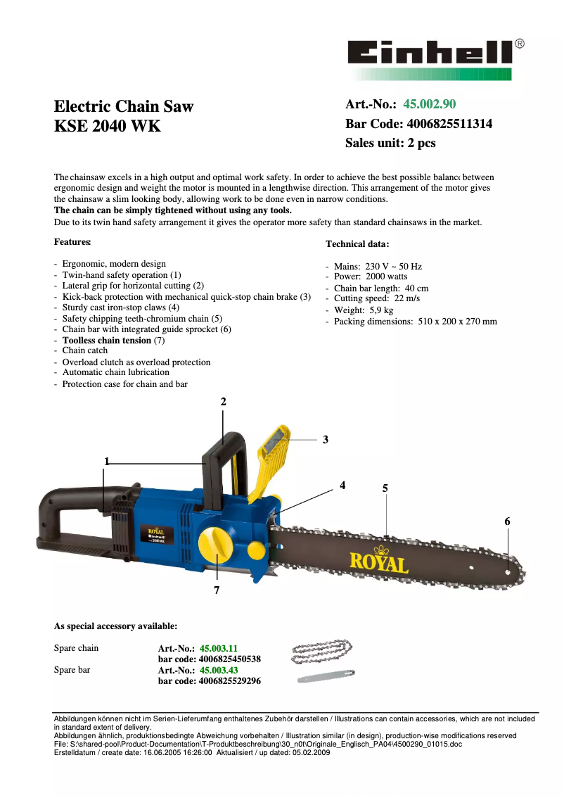 Page 1 de la notice Manuel utilisateur Einhell Royal KSE 2040 WK