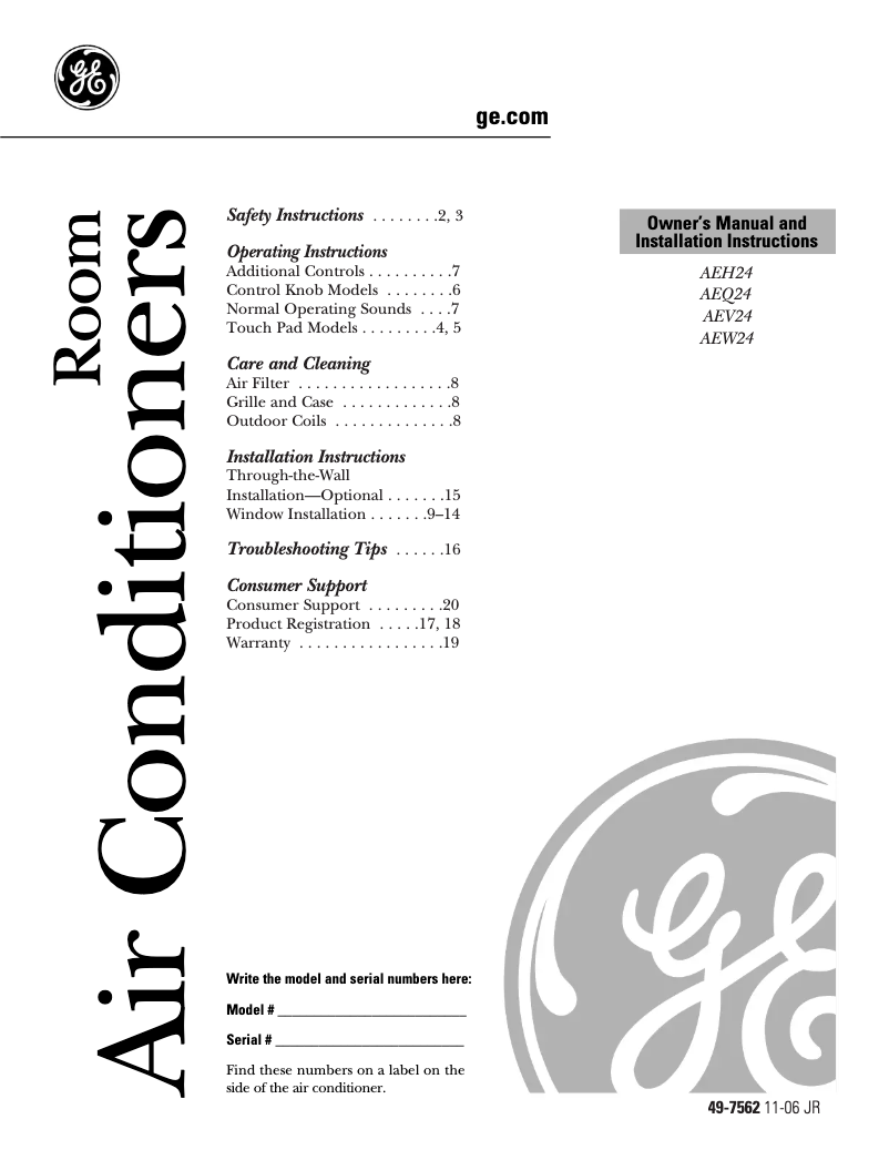 Page 1 of the manual Installation Guide GE AEW24DK