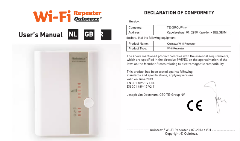 Página 1 del manual Manual de usuario Quintezz Wi-Fi Repeater