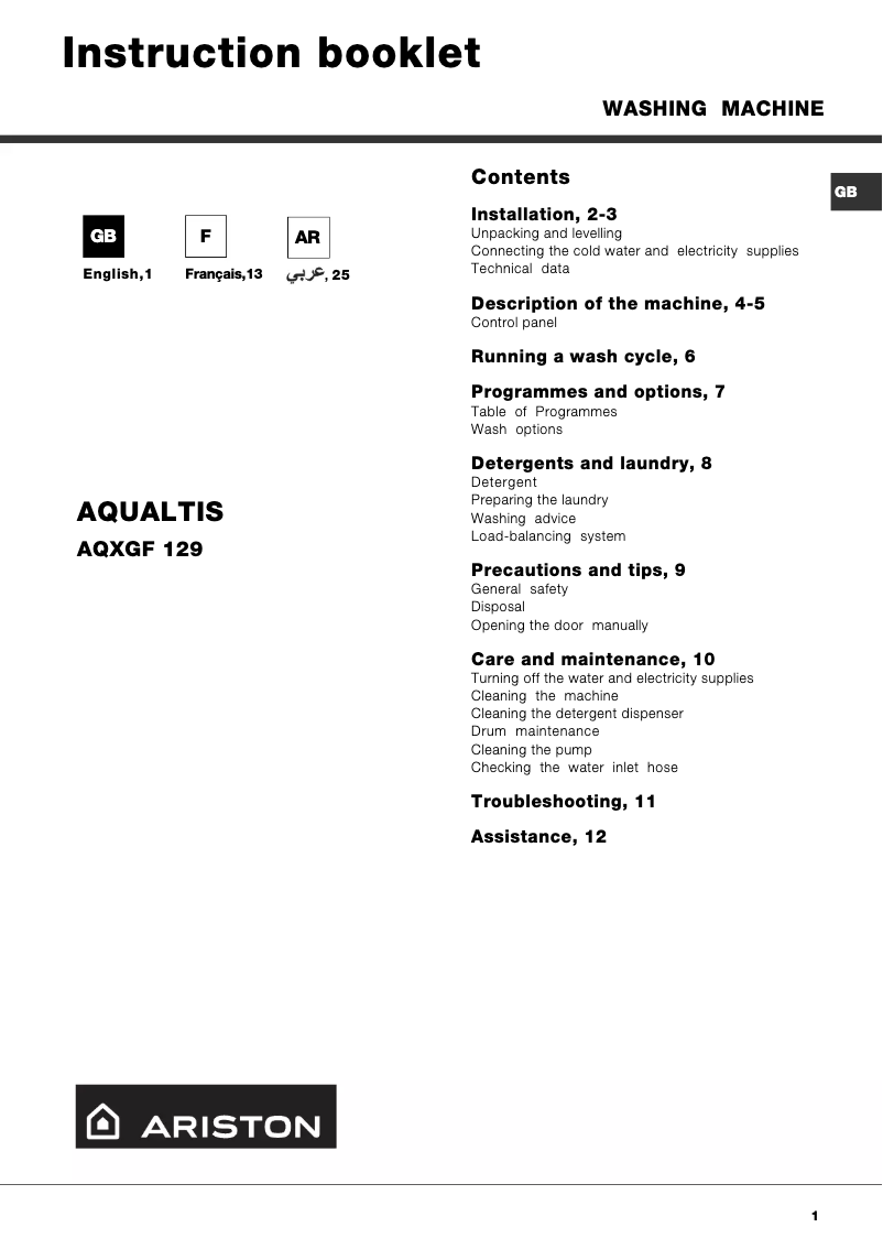 Image de la première page du manuel de l'appareil AQXGF 129