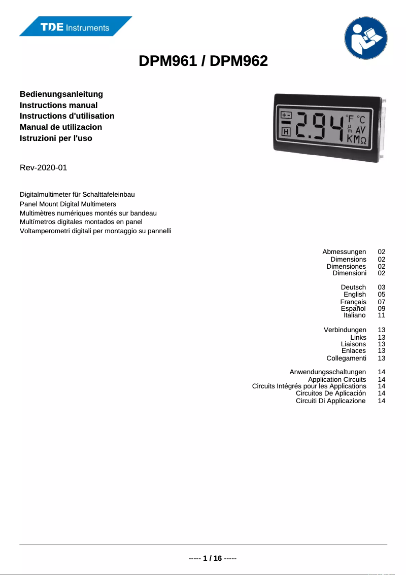Page 1 de la notice Manuel utilisateur TDE Instruments DPM962