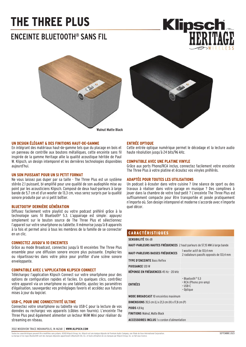 Page 1 de la notice Fiche technique Klipsch The Three Plus