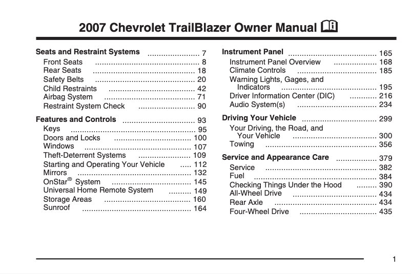 Page 1 de la notice Manuel utilisateur Chevrolet Trailblazer EXT (2002)