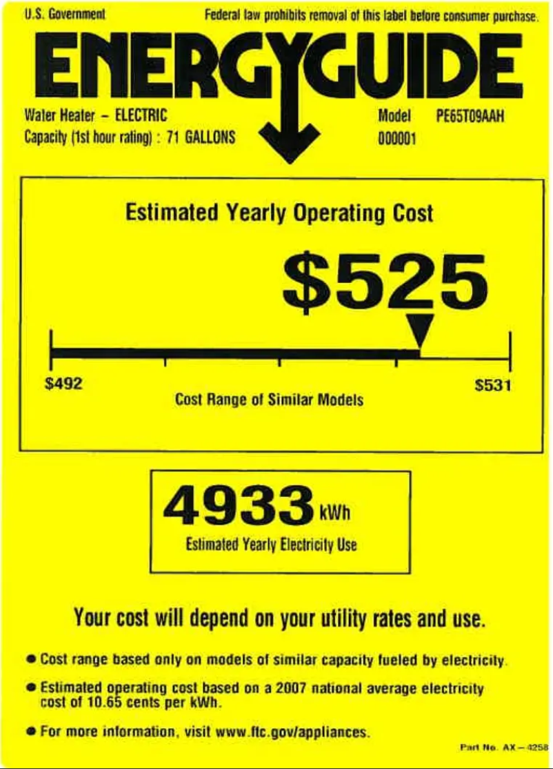 Page n°1 - Label énergétique GE PE65T09AAH