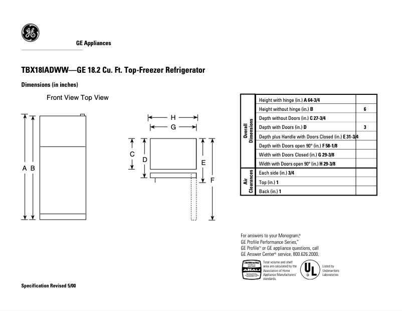 Page 1 de la notice Fiche technique GE TBX18IADWW