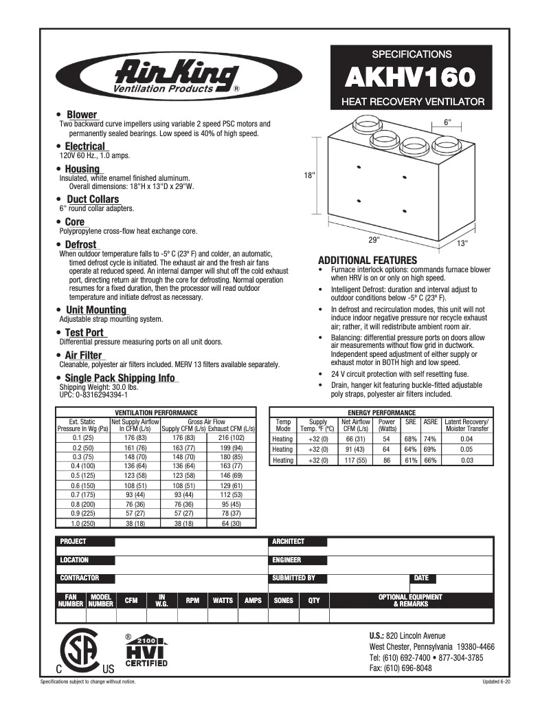 Page n°1 - Fiche technique Air King AKHV160