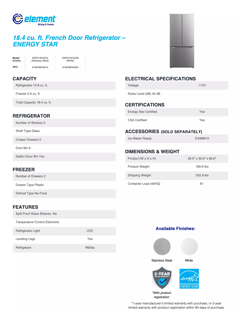 Page 1 de la notice Fiche technique Element ERFD19CGCS