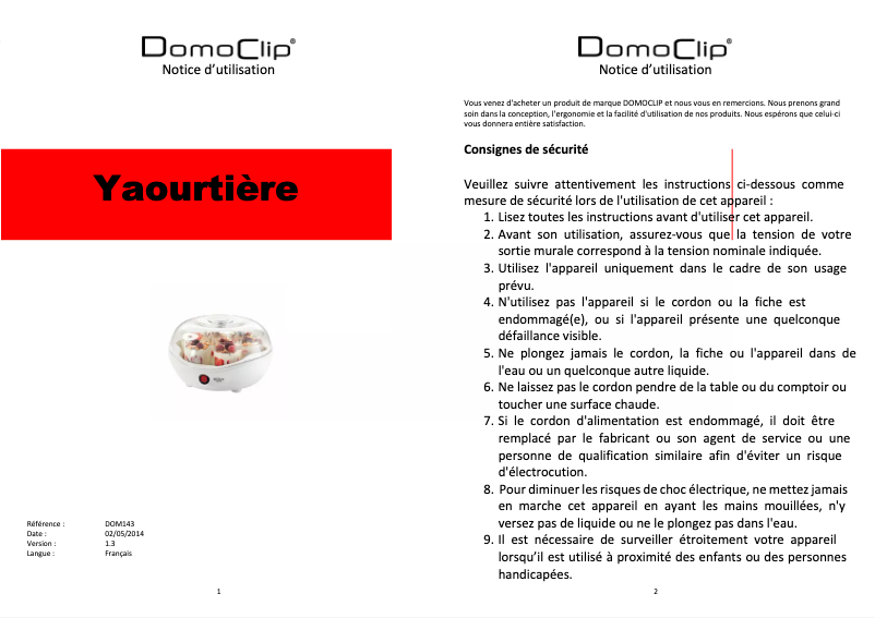Image de la première page du manuel de l'appareil DOM159