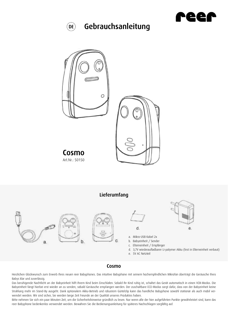 Page 1 de la notice Manuel utilisateur Reer Cosmo 50150