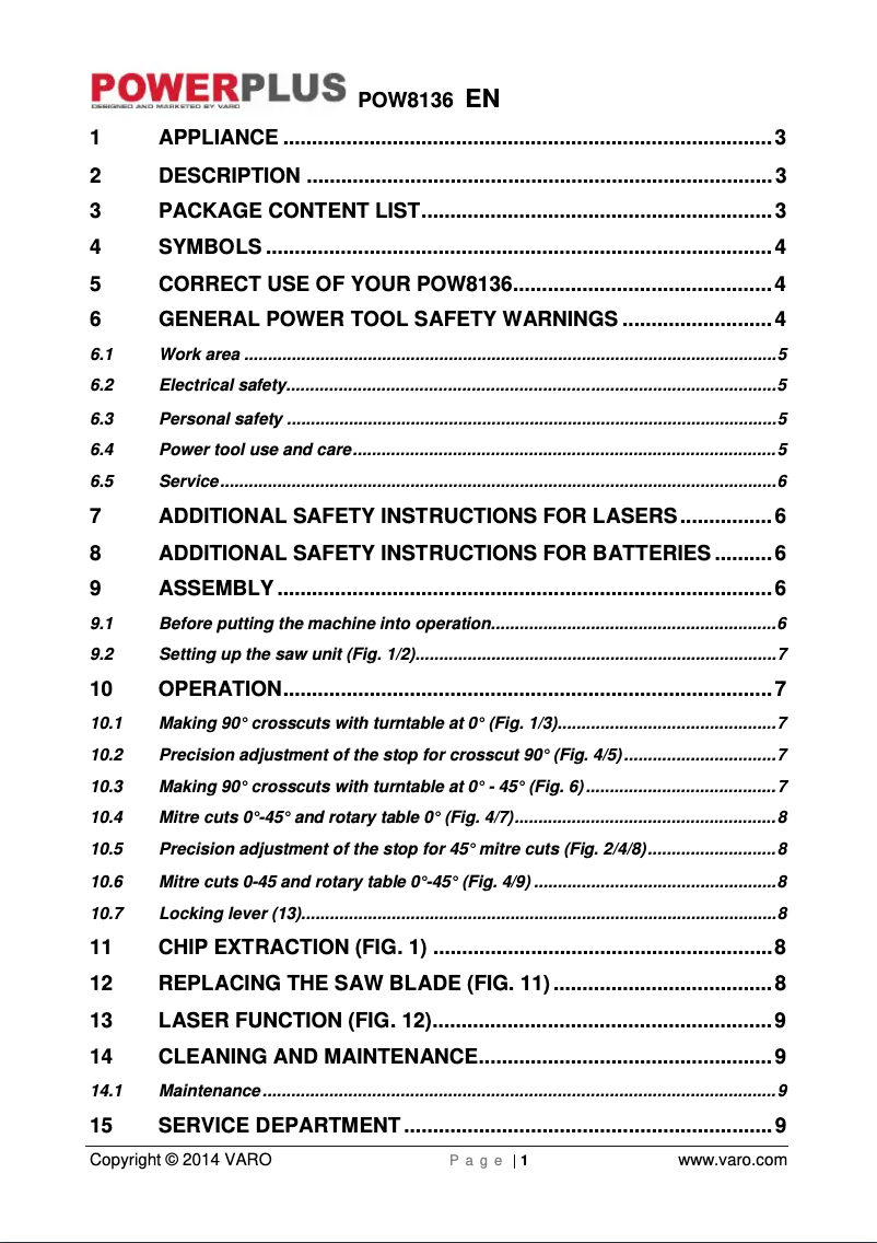Page n°1 - Manuel utilisateur PowerPlus POW8136