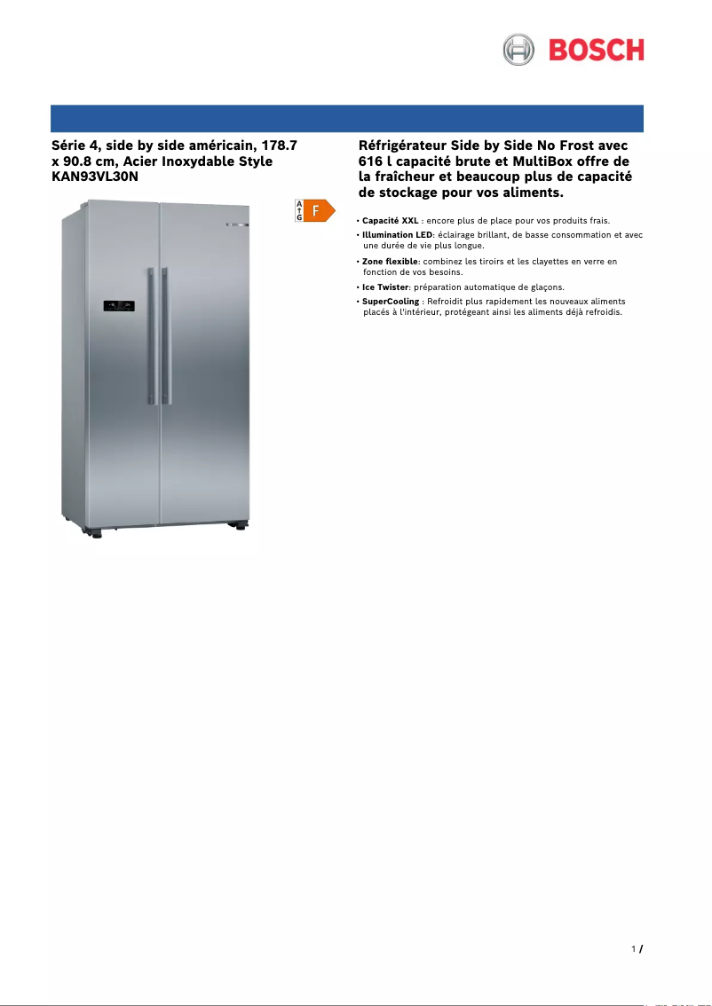Page 1 de la notice Fiche technique Bosch KAN93VL30N