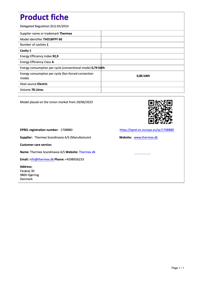 Page 1 de la notice Fiche technique Thermex THO1BFPY 60