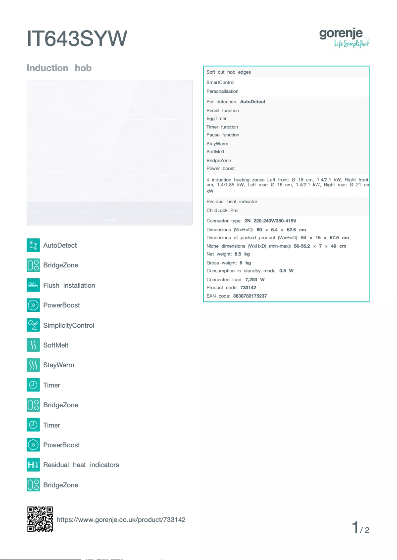 Page n°1 - Fiche technique Gorenje IT643SYW