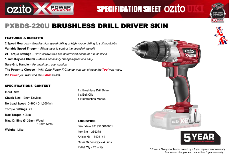 Page 1 de la notice Fiche technique Ozito PXBDS-220U