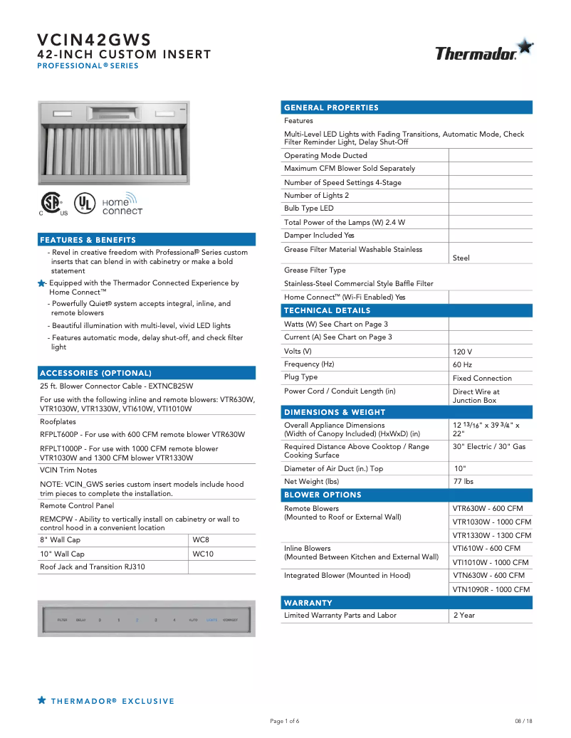 Page n°1 - Fiche technique Thermador VCIN42GWS