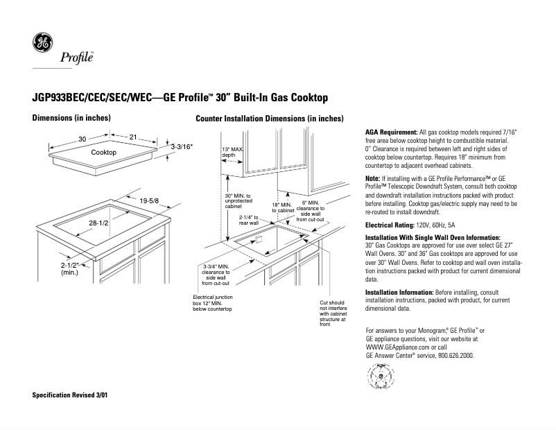 Page n°1 - Fiche technique GE Profile JGP933BECBB