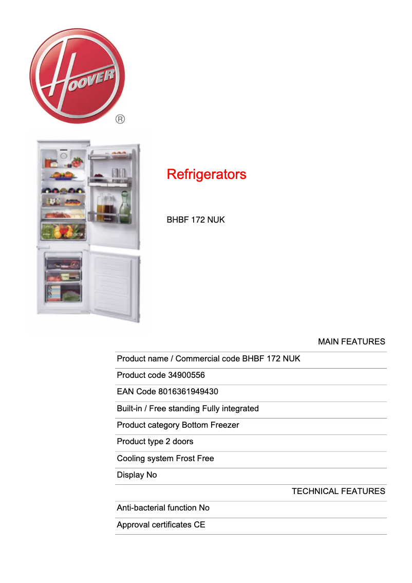 Page n°1 - Fiche technique Hoover BHBF 172 NUK