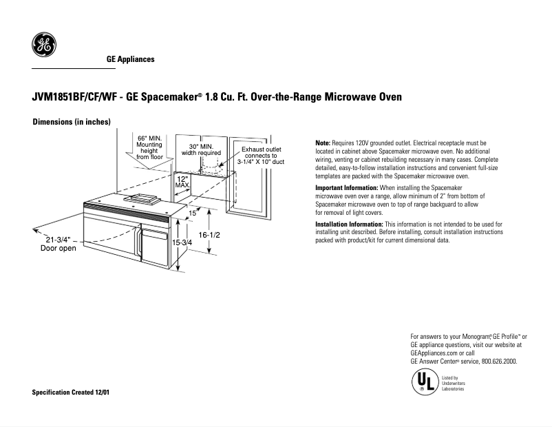 Page 1 de la notice Fiche technique GE JVM1851WF