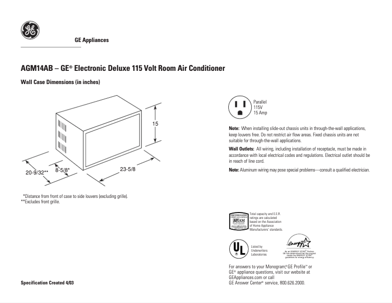 Page 1 de la notice Fiche technique GE AGM14AB