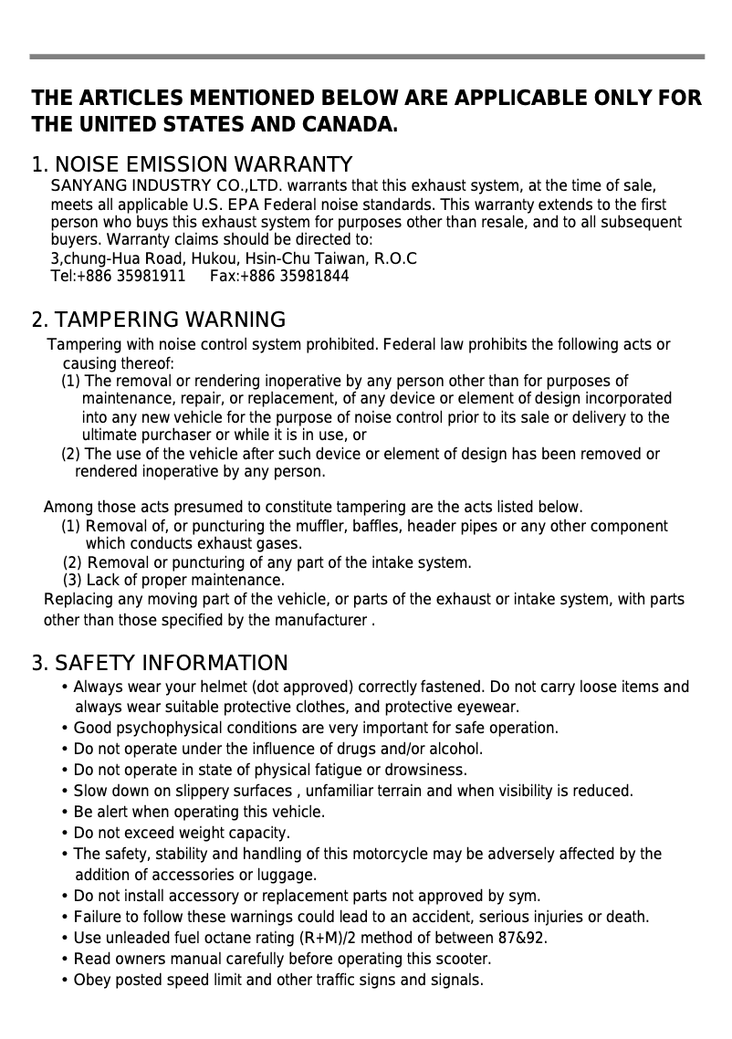 Page 1 de la notice Manuel utilisateur SYM VS 125