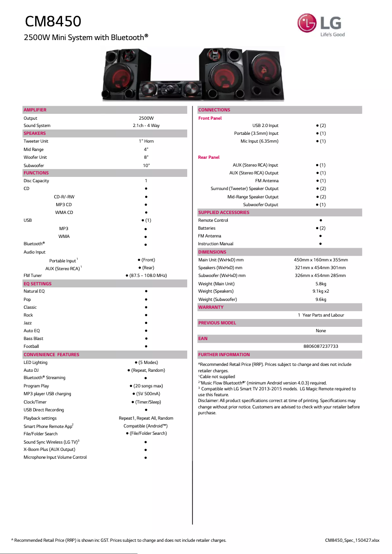 Page 1 de la notice Fiche technique LG CM8450