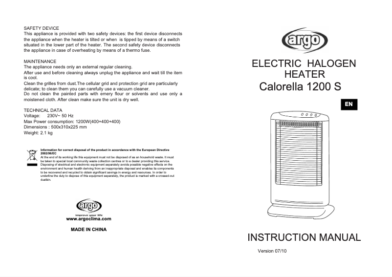 Página 1 del manual Manual de usuario Argoclima Calorella 1200S