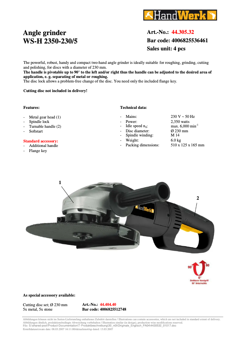 Page 1 de la notice Manuel utilisateur Handwerk WS-H 2350-230/5