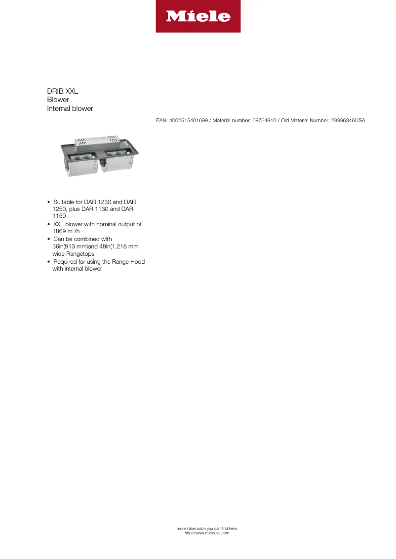 Page 1 de la notice Fiche technique Miele DRIB XXL