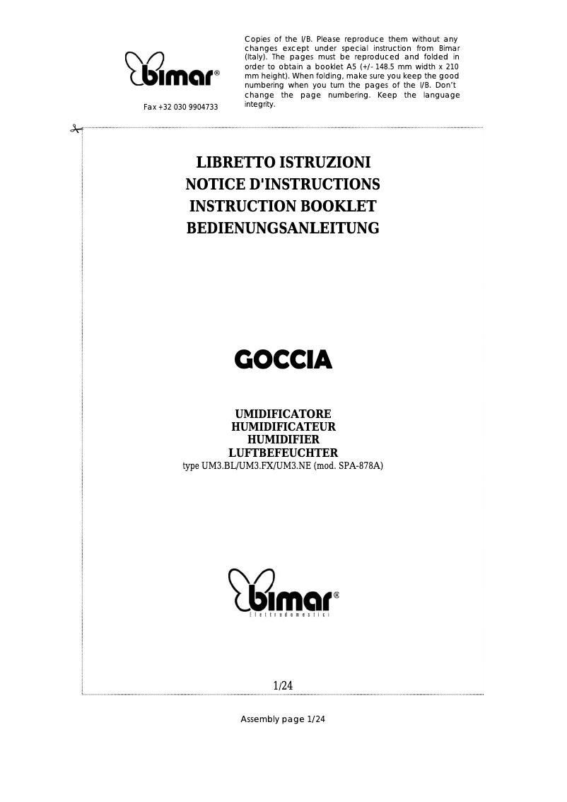 Page 1 de la notice Manuel utilisateur Bimar UM3.NE