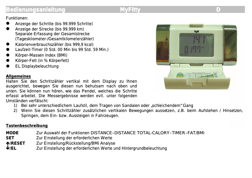 Image de la première page du manuel de l'appareil MyFitty