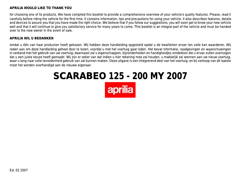 Page 1 de la notice Manuel utilisateur Aprilia Scarabeo 125 MY (2007)