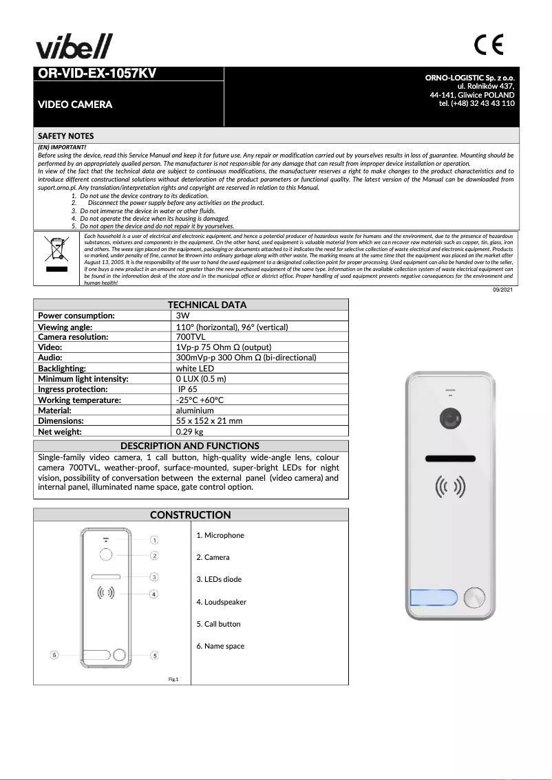 Page n°1 - Manuel utilisateur Vibell OR-VID-EX-1057KV
