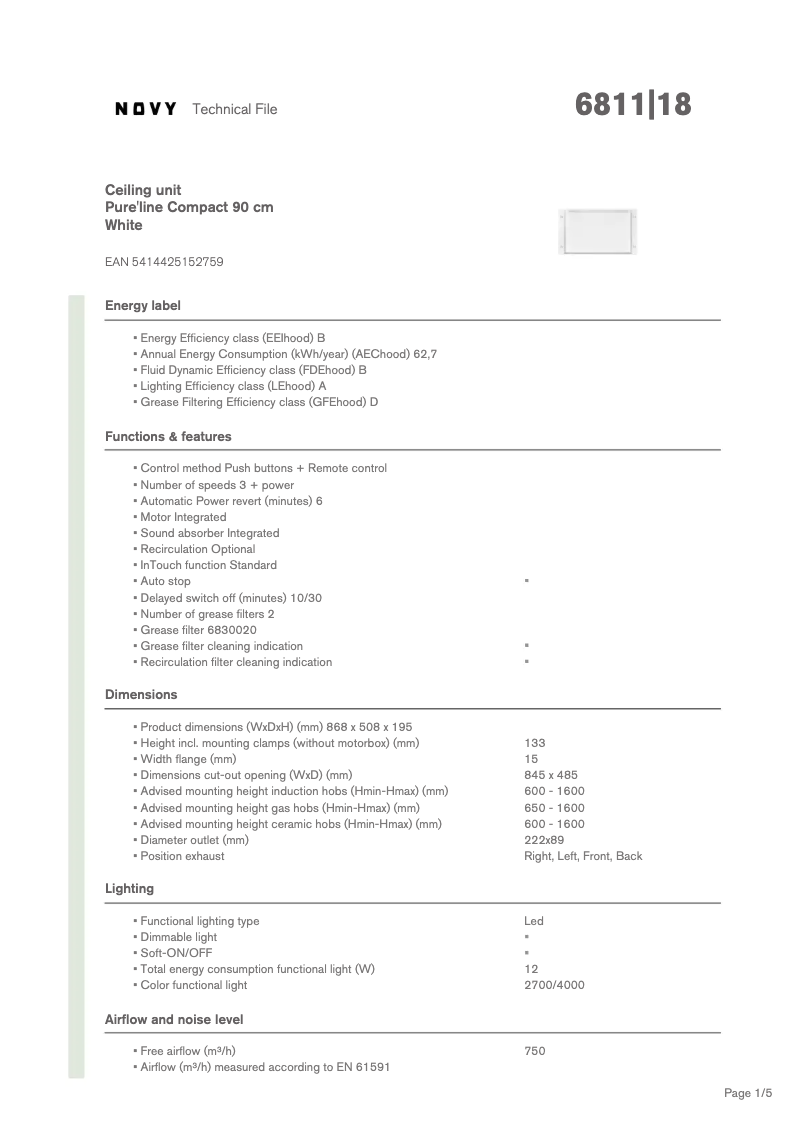 Page n°1 - Fiche technique Novy Pure'line Compact 6811