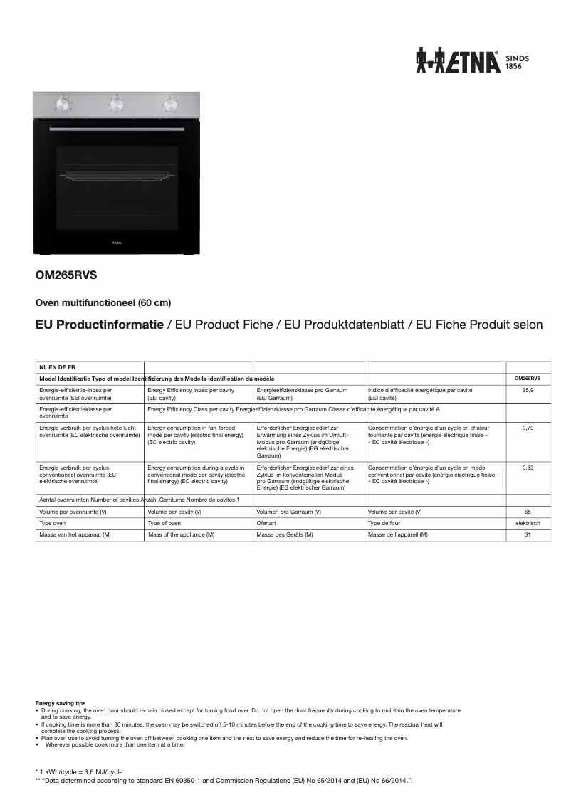 Page 1 de la notice Fiche technique Etna OM265RVS