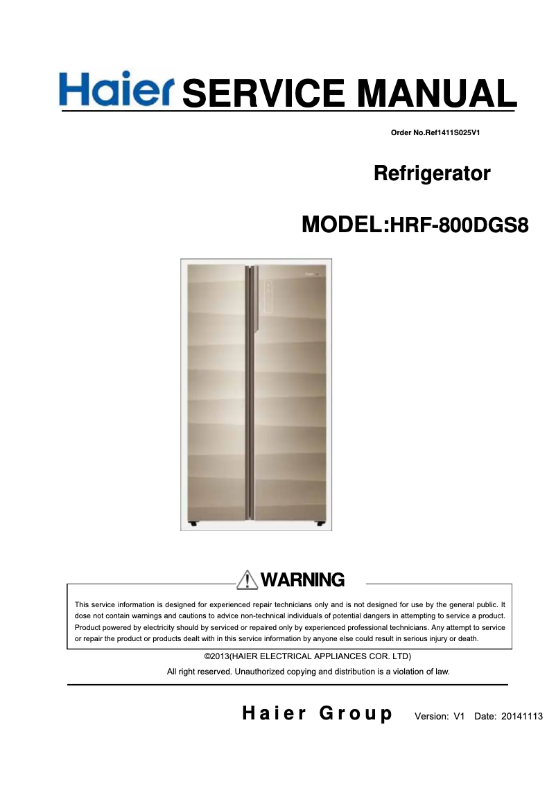 Page n°1 - Manuel utilisateur Haier HRF-800DSG8