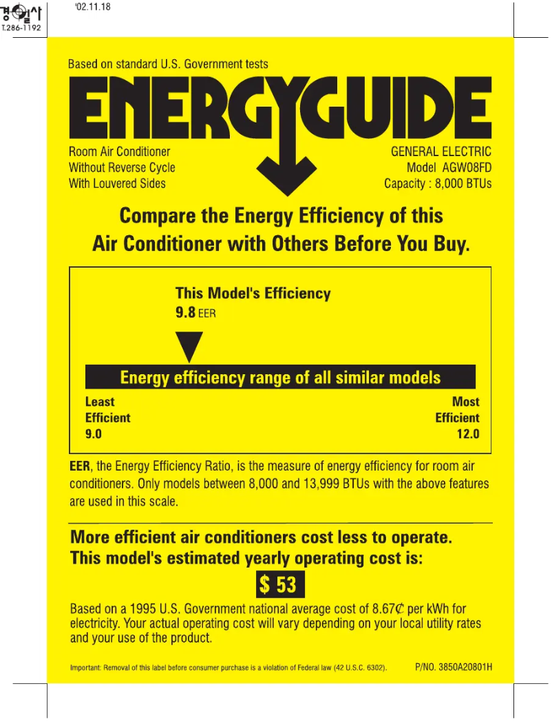 Page 1 de la notice Label énergétique GE AGW08FD
