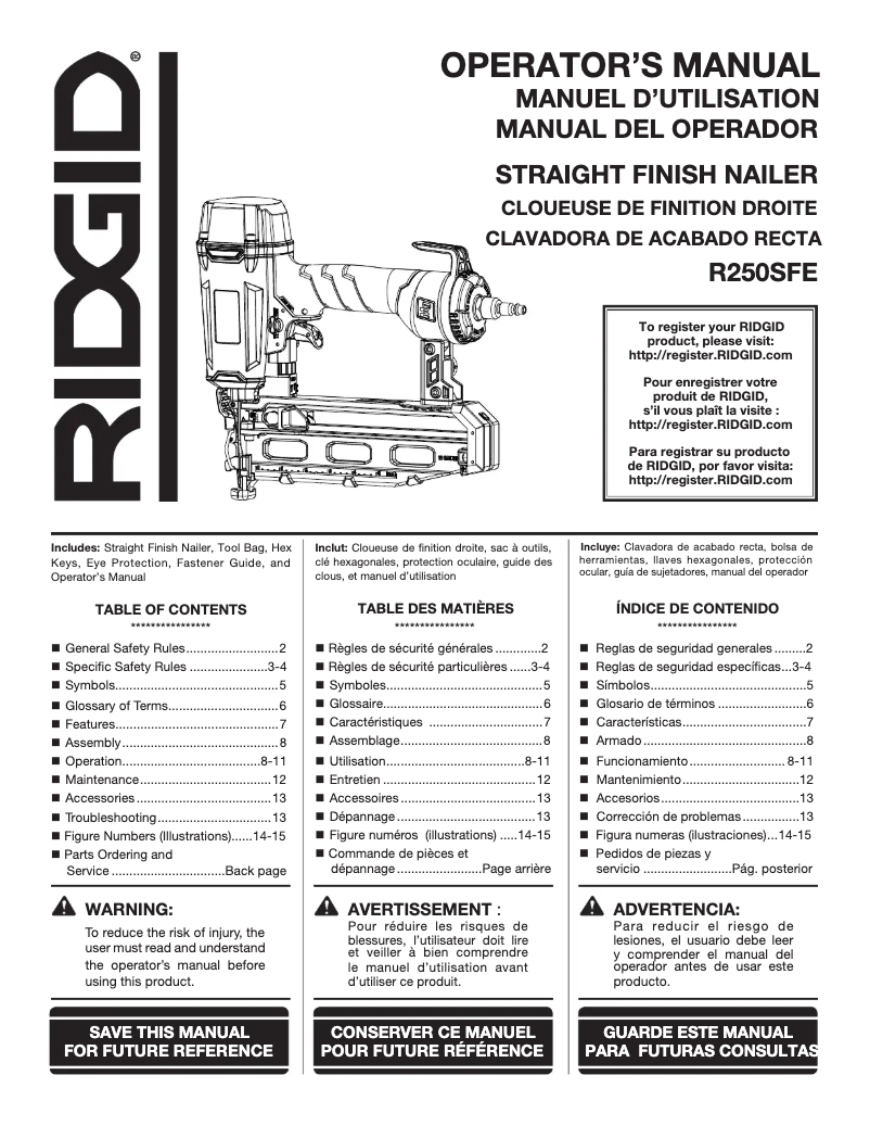 Page 1 de la notice Manuel utilisateur Ridgid R250SFF