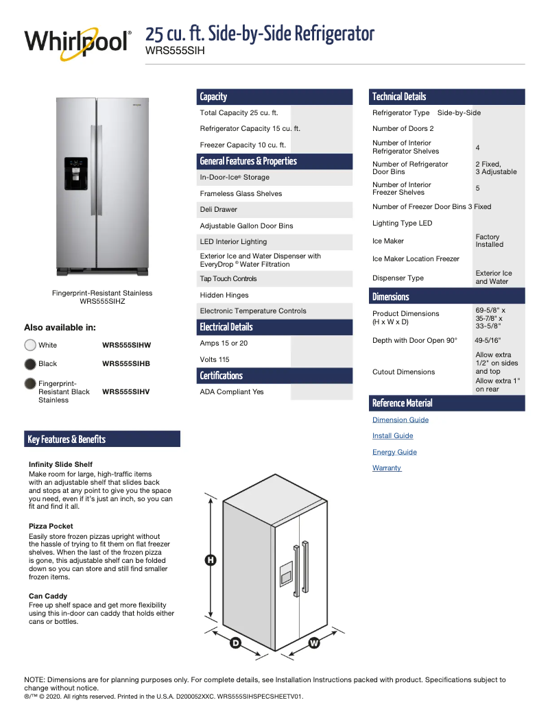Page 1 de la notice Fiche technique Whirlpool WRS555SIHB