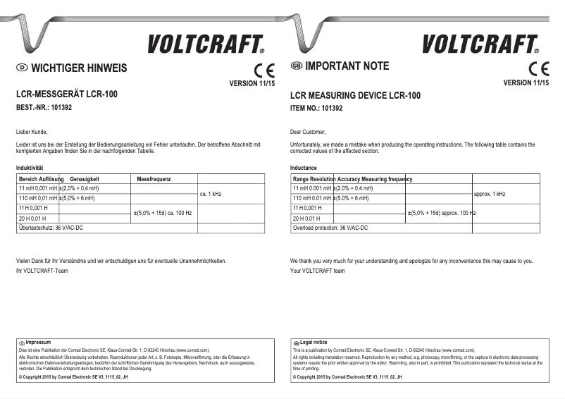 Page n°1 - Manuel utilisateur Voltcraft LCR-100
