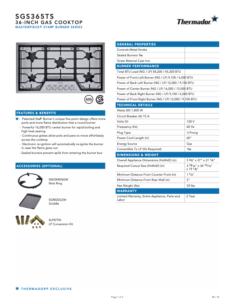 Page 1 de la notice Fiche technique Thermador SGS365TS