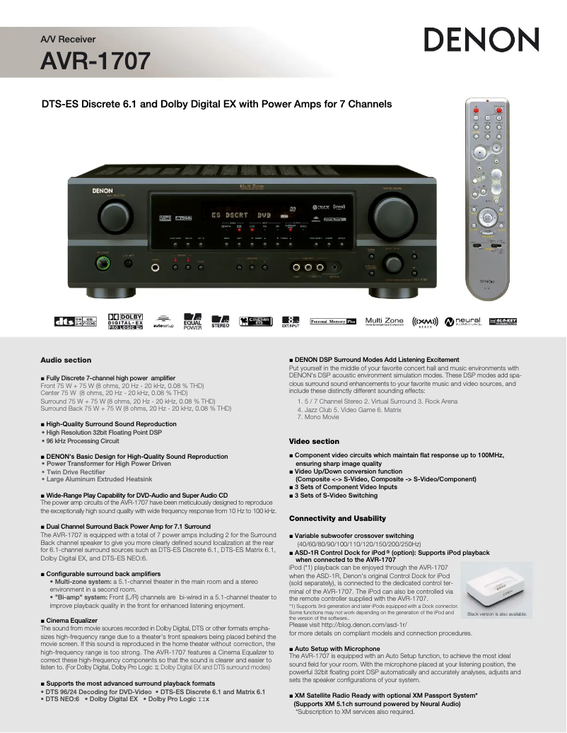 Page 1 de la notice Manuel utilisateur Denon AVR-1707