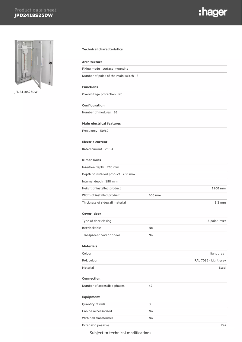 Page 1 de la notice Fiche technique Hager JPD2418S25DW