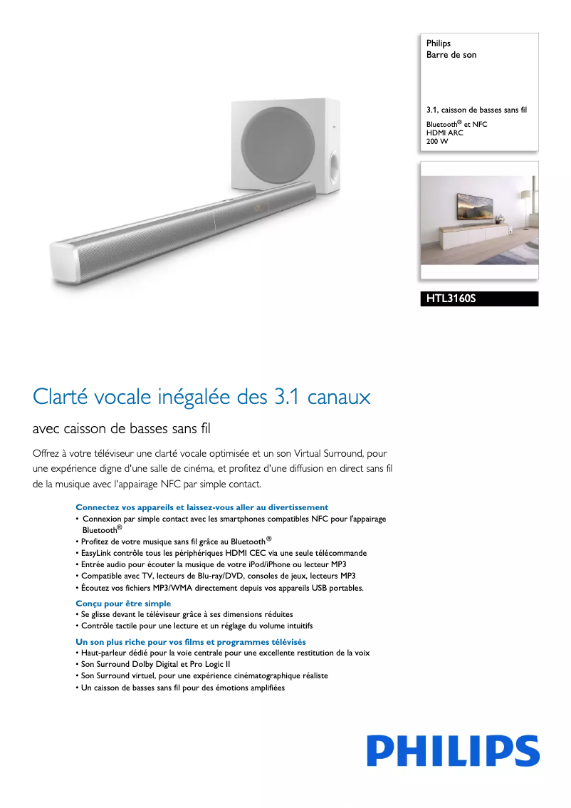 Page 1 de la notice Fiche technique Philips HTL3160S