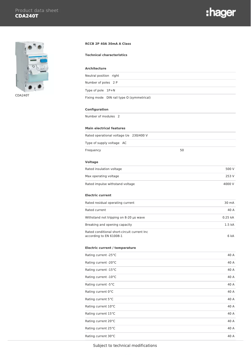 Page n°1 - Fiche technique Hager CDA240T