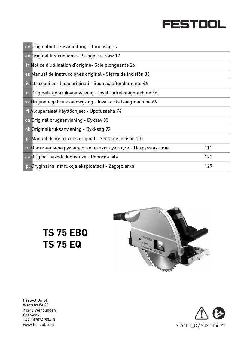Page 1 de la notice Manuel utilisateur Festool TS 75