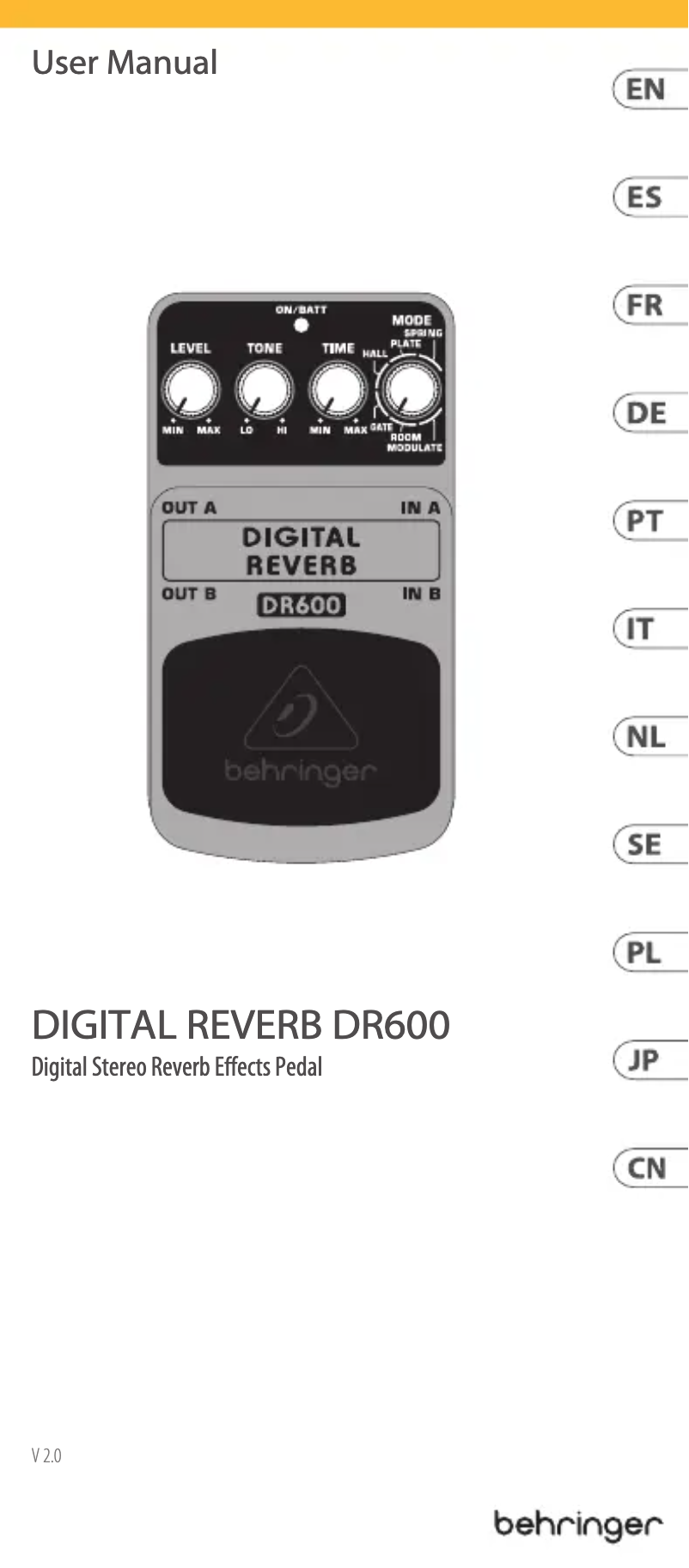 Page 1 de la notice Manuel utilisateur Behringer Digital Reverb DR600