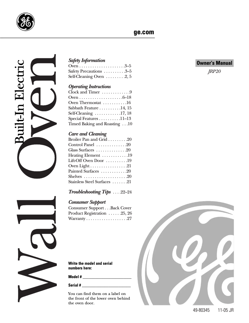 Page n°1 - Manuel d'utilisation et d'entretien GE JRP20WJWW