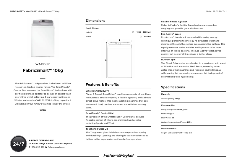 Page 1 de la notice Fiche technique Fisher & Paykel WA1068P1