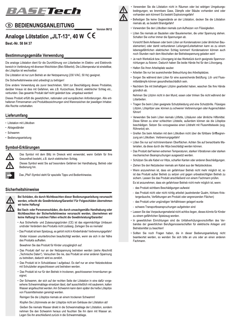 Page 1 de la notice Manuel utilisateur BaseTech JLT-13